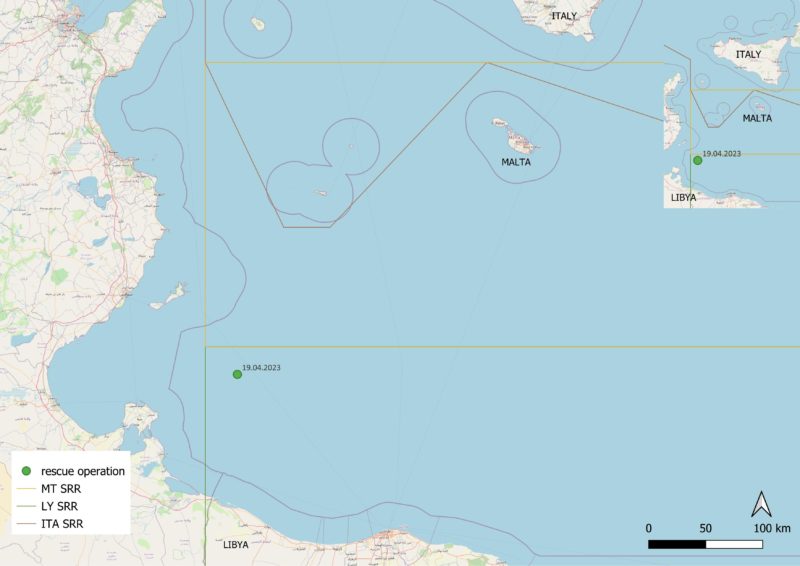 Karte von SOS Humanity, die das Meer zwischen Lybien und Malta sowie die dortigen Einsätze der Humanity 1 zeigt.