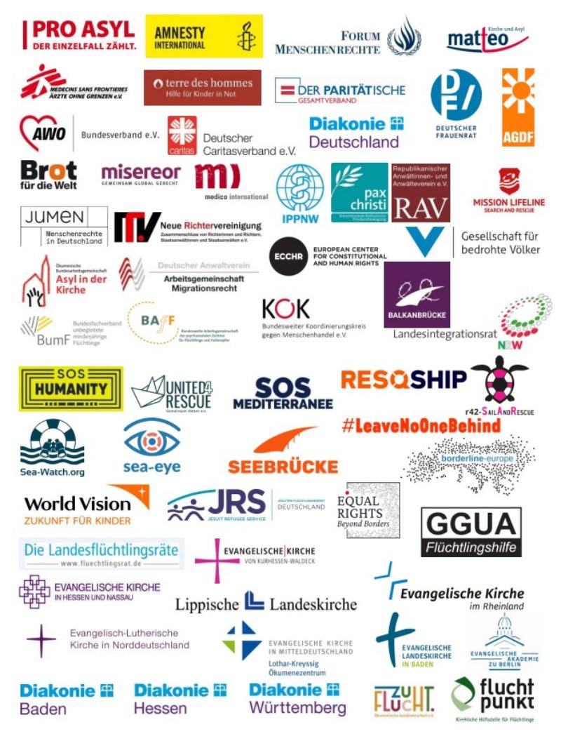 Alle Logos der Unterzeichner*innen des GEAS Statements auf weißem Hintergrund