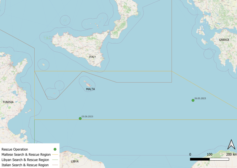 Karte mit den Standorten der Such- und Rettungseinsätze bei der fünften Rotation der Humanity 1 - das Rettungsschiff von SOS Humanity
