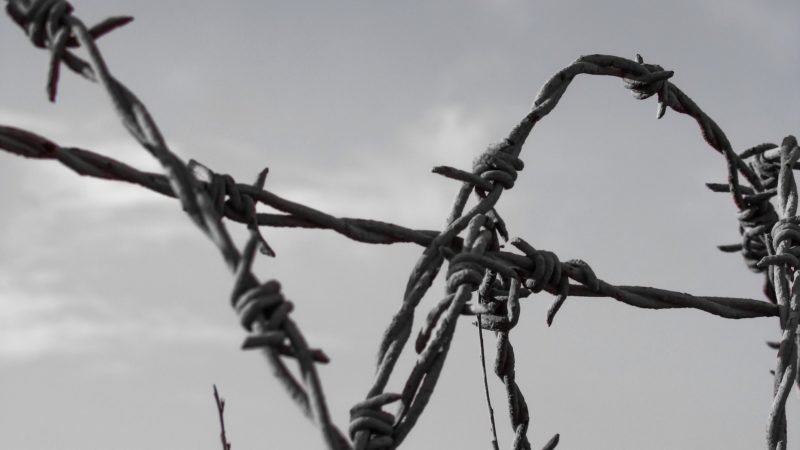 Stacheldraht vor grauem Himmel um Grenzen zu symbolisieren (SOS Humanity)