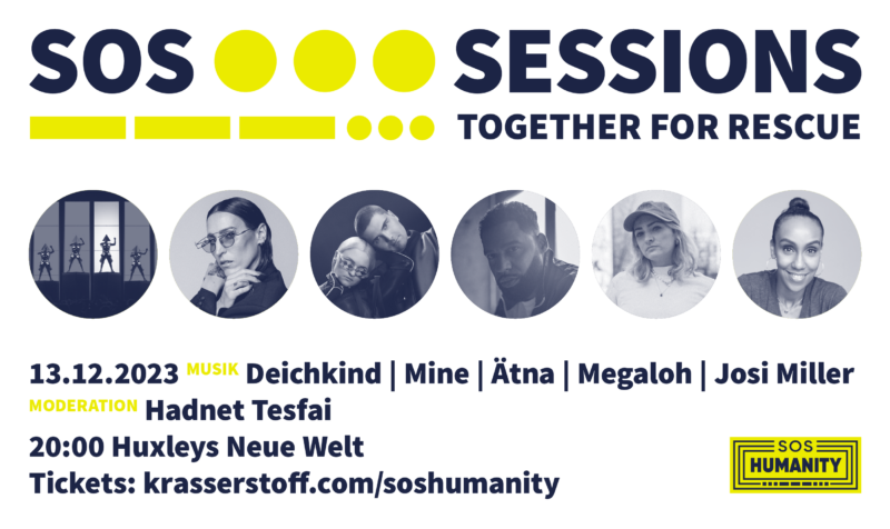 Grafik mit dem Titel SOS SESSIONS in blau und einem gelben Morsecode, darunter runde Portraitfotos von Deichkind, Mine Ätna, Megaloh und anderen Künstler*innen, die für SOS Humanity und die zivile Seenotrettung auftreten.