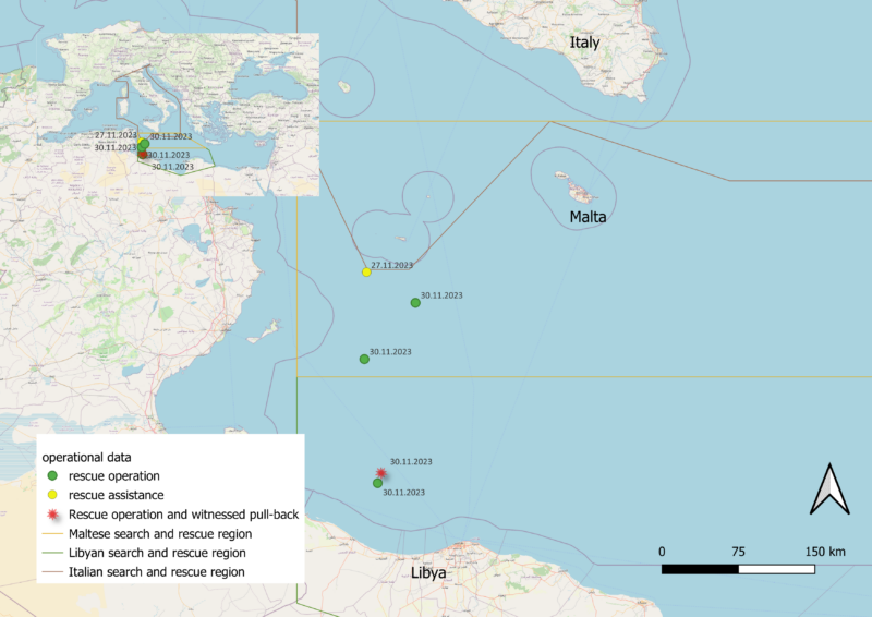Karte vom zentralen Mittelmeer und den umliegenden Ländern mit den eingezeichneten Rettungseinsätzen.