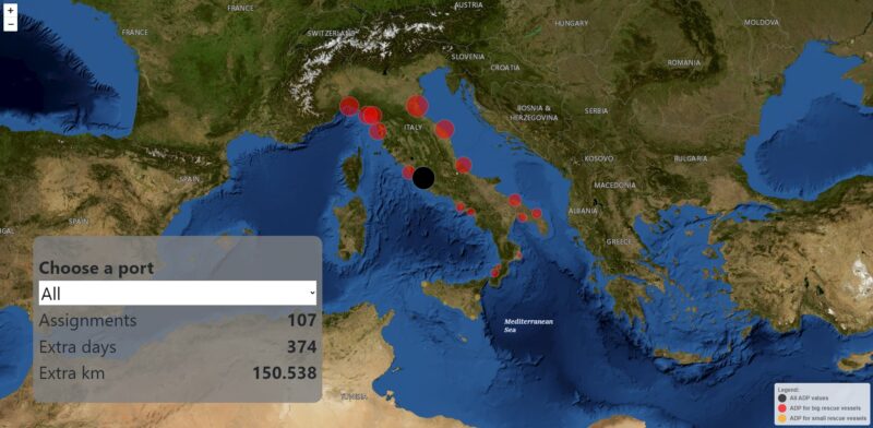 Screenshot der interaktiven Karte, die Italien, Europa und die weit entfernten Häfen zeigt.