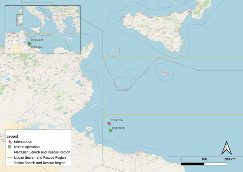 Karte vom Zentralen Mittelmeer mit den Einsatzdaten der Humanity 1