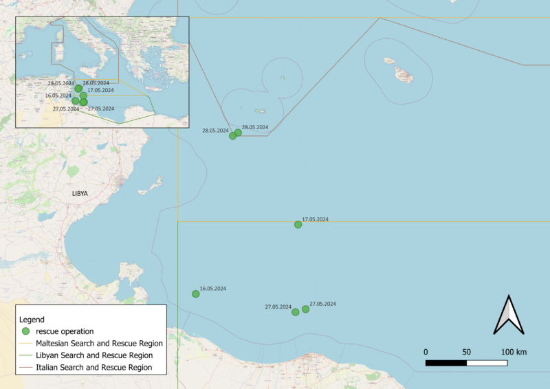 Karte vom Zentralen Mittelmeer mit den Einsatzdaten der Humanity 1
