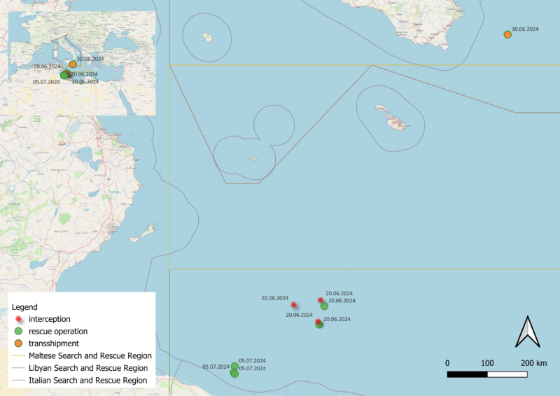 Karte vom Zentralen Mittelmeer mit den Einsatzdaten der Humanity 1
