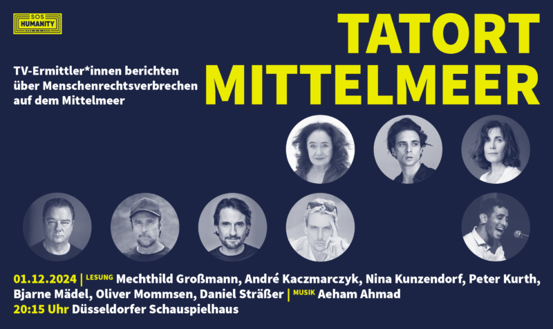 Grafik zur Bewerbung der Veranstaltung Tatort Mittelmeer mit den Gesichtern der Schauspielenden.
